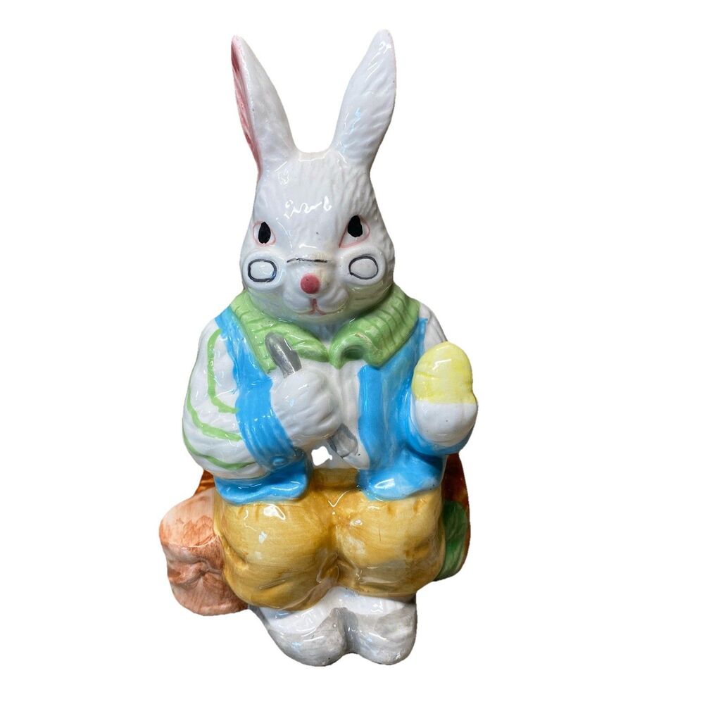 Vintage Ceramic Easter Bunny Figurine - Painter Rabbit with Egg & Brush 6” Tall